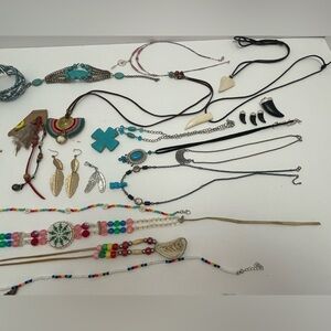 Multiple beaded necklaces, bracelets and earrings